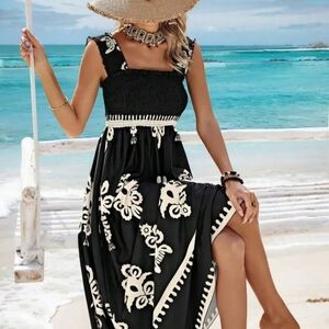Reduced! Elegant Black Dress with Cream Aztek Floral Patterns 2 Left